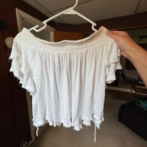 Free People White Smocked Ruffled Blouse